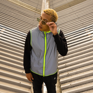 GoFluo Darknight Body Glower | Vest with Hoodie | Size Large | Flourescent | Reflective | Water Repellent | Grey